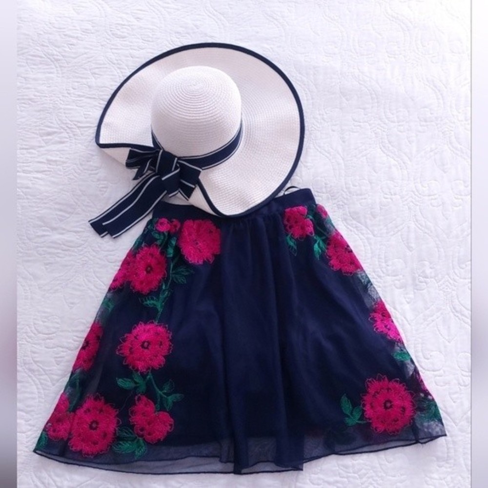 Speechless - Navy Blue & Pink Floral Tulle Layered Skater/Mini Skirt